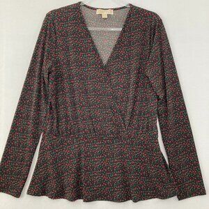 Michael Michael Kors Large Dark Floral Faux Wrap Stretch Knit Peplum Top Preppy